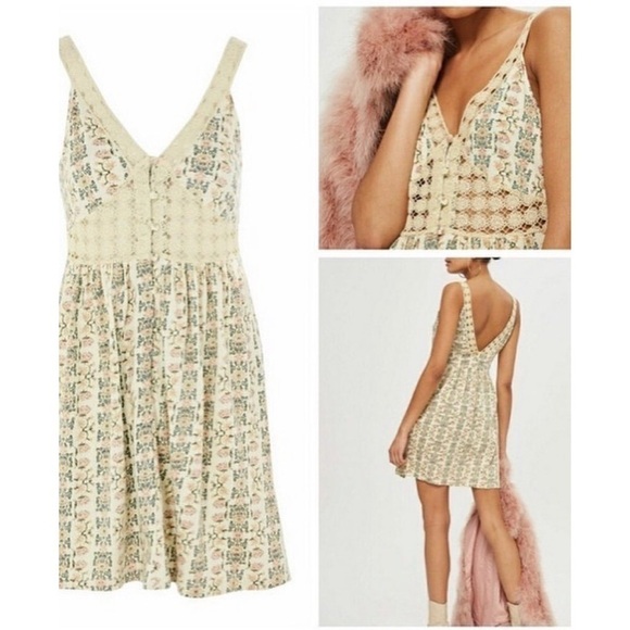 TOPSHOP Neutral Floral Crochet Lace B-Neck Low Back Mini Dress Woman’s Size 8 - Picture 1 of 7